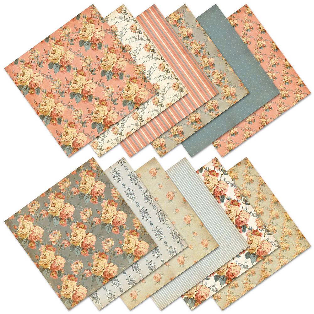 Scrapbooking-Papierblock Vintage Rosen blau/altrosa 15x15cm 12 Designs 12 Blatt
