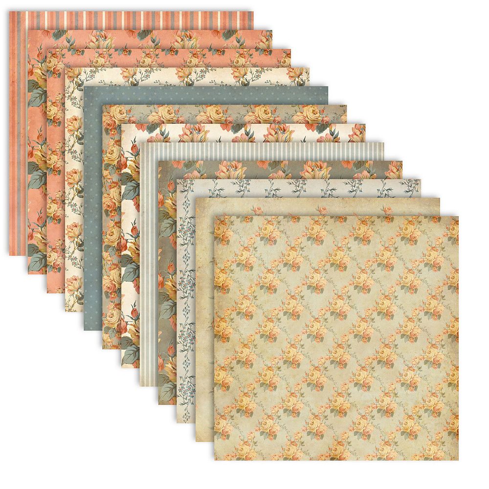 Scrapbooking-Papierblock Vintage Rosen blau/altrosa 15x15cm 12 Designs 12 Blatt