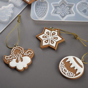 Silikongießform Weihnachten Anhängerformen Tanne Schneeflocke Glocke & Haus lebensmittelecht 130x115mm