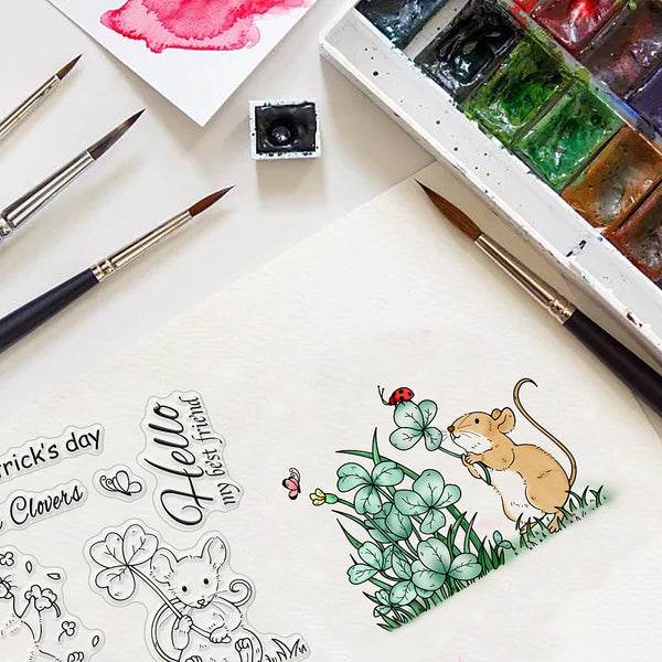 Silikonstempel Maus mit Glücksklee 16x11cm