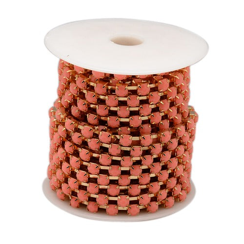 Strass-Kette Korallenopal, goldfärbig 6x5mm, pro Laufmeter