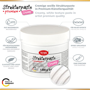 Viva Decor® Strukturpaste PREMIUM cremig (1000g, Weiß) stoßfeste Impasto Paste Künstlerqualität matt
