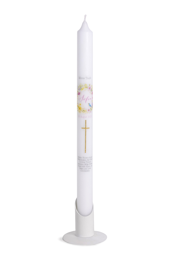 Taufkerze Blumenkranz mit Vögelchen und Kreuz 40x3cm