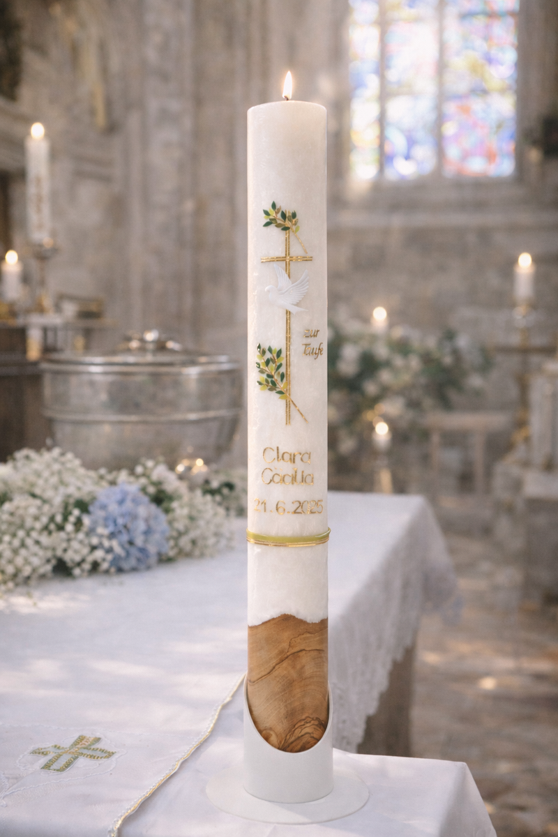 Taufkerze Kreuz mit Taube Goldelemente Stearinstabkerze mit Olivenholzfuß 40x4cm