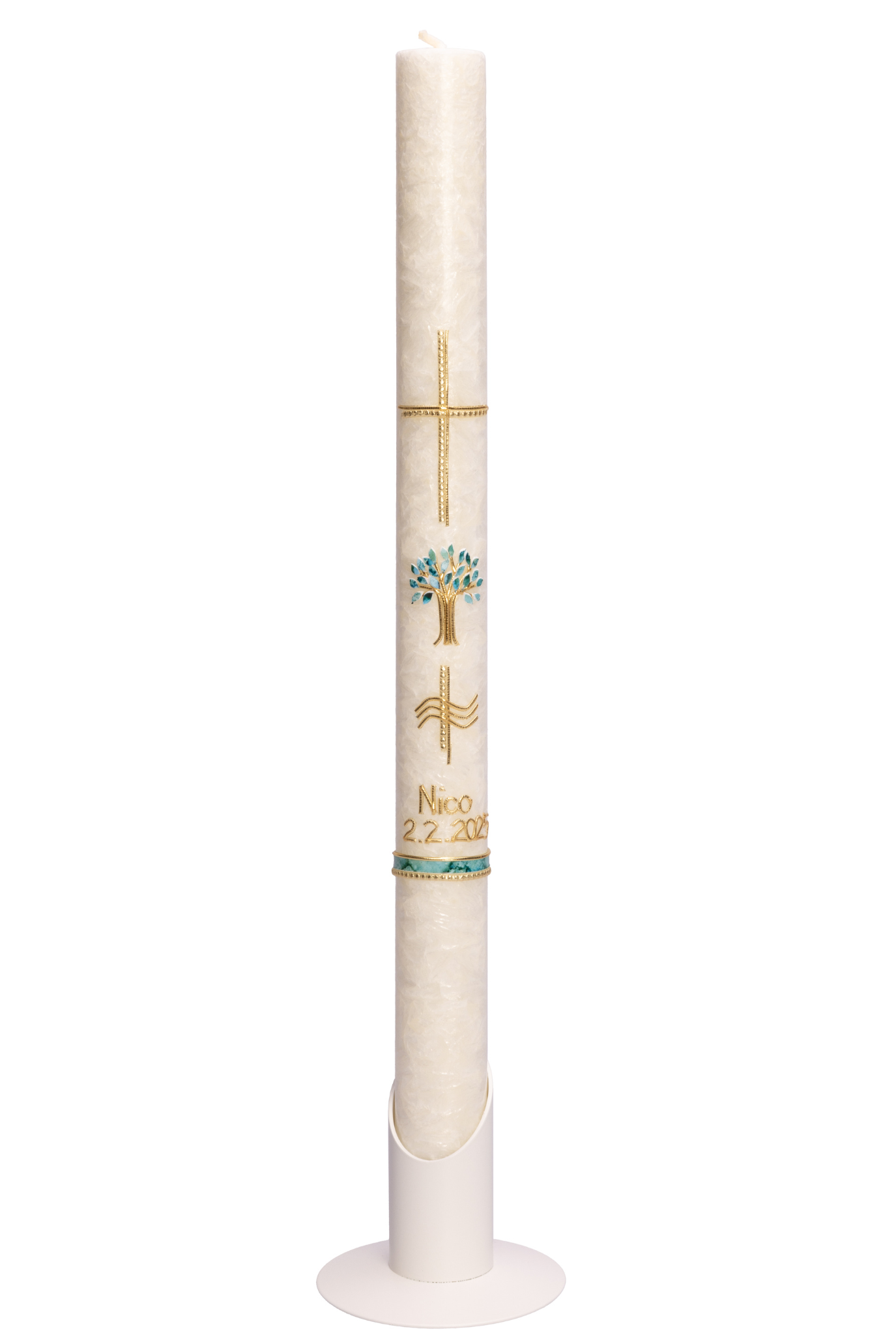 Taufkerze aus Stearin Kreuz und Lebensbaum 40x3cm