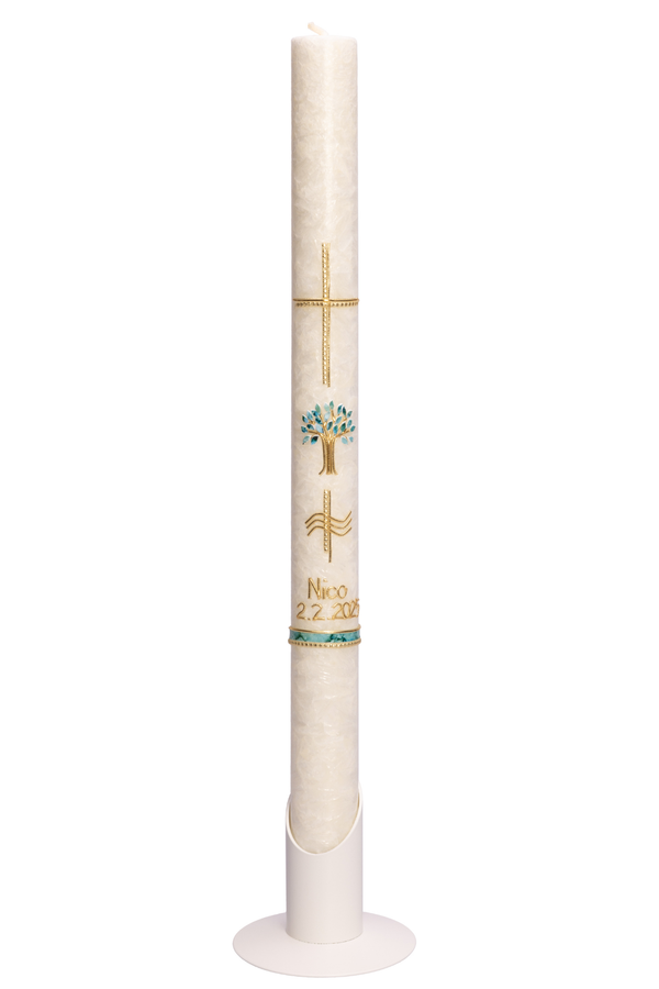 Taufkerze aus Stearin Kreuz und Lebensbaum 40x3cm