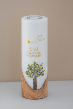 Taufkerze Lebensbaum mit Bienchen Goldschrift Stearinstumpe mit Olivenholzfuß Teelichteinsatz 25x8cm