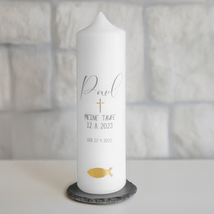 Taufkerze modern schlicht mit Fisch & Kreuz personalisiert 25x7 cm