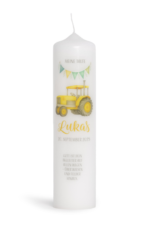 Taufkerze mit Traktor und Wimpelkette Paraffinstumpe 25x6cm