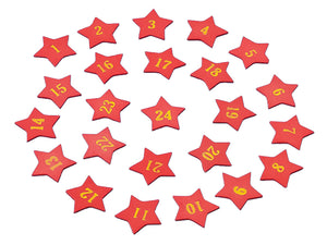 Adventskalender Zahlen aus Holz sternförmig rot/gelbgold 1-24 25mm