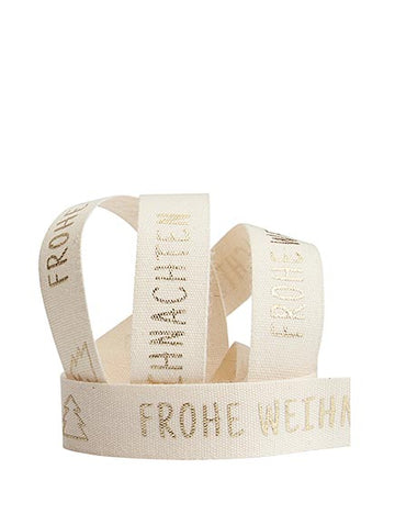 Dekoband Frohe Weihnachten, 15mm breit natur mit farbigem Druck, pro Laufmeter