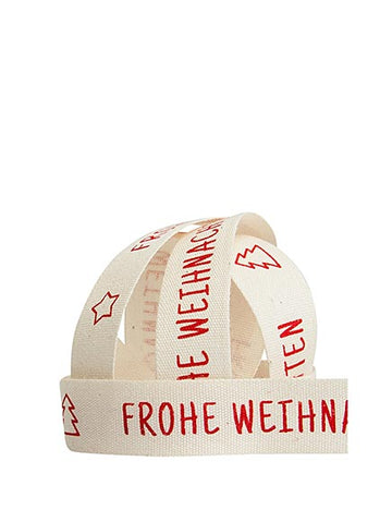 Dekoband Frohe Weihnachten, 15mm breit natur mit farbigem Druck, pro Laufmeter