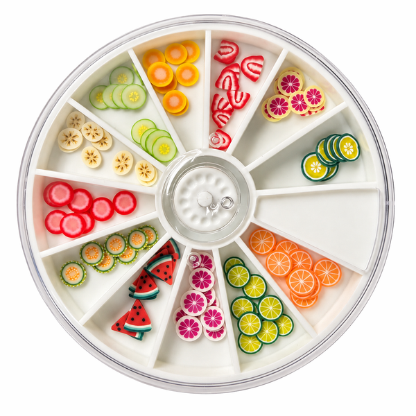 Polymer Clay Cabochons Früchte & Obst 12 Designs im Sortierrondell Ø 8cm