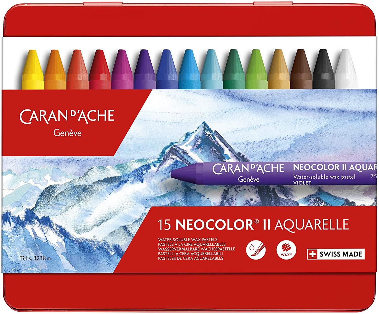 Caran d'Ache Neocolor II Aquarelle wasservermalbare Wachspastelle 15 Stück bunt sortiert