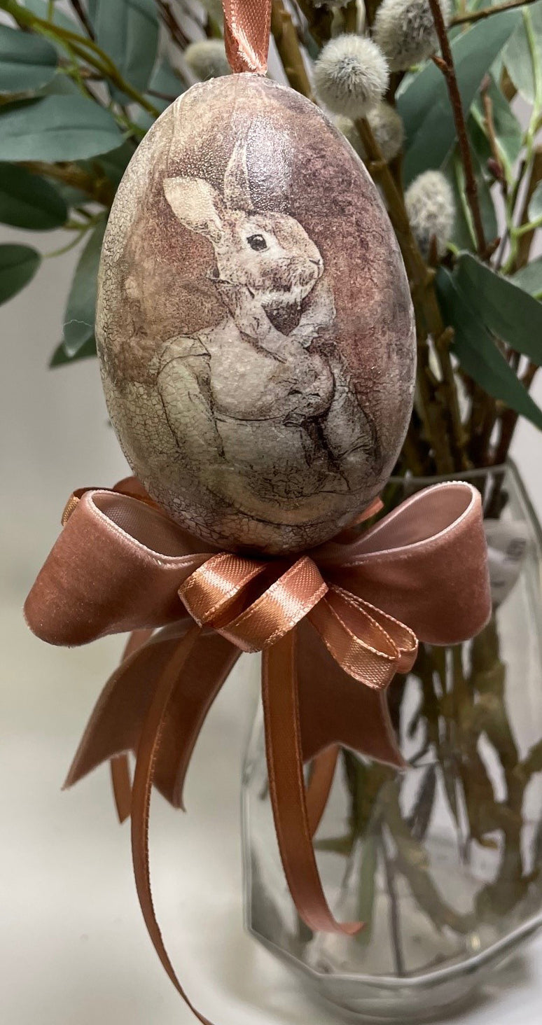Handgemachtes Decoupage Ei Hase Shabbychic, echtes Gänseei, 9cm, pro Stk.