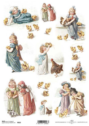 Reispapier A4 Küken mit Mädchen , Decoupagepapier Reispapier 25-30g/m2 pro Stück