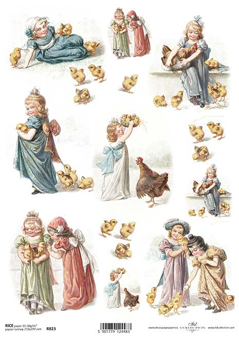 Reispapier A4 Küken mit Mädchen , Decoupagepapier Reispapier 25-30g/m2 pro Stück
