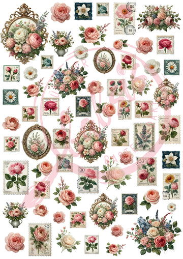 Decoupagepapier Vintage Blumen & Briefmarken – Romantische Rosen & Postkarten-Design Motiv-Strohseide A4 1 Blatt 25-30g/m2