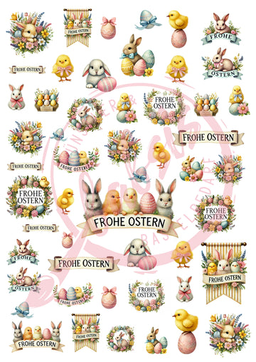 Decoupagepapier Frohe Ostern Hasen Küken Ostereier  Motiv-Strohseide A4 1 Blatt 25-30g/m2