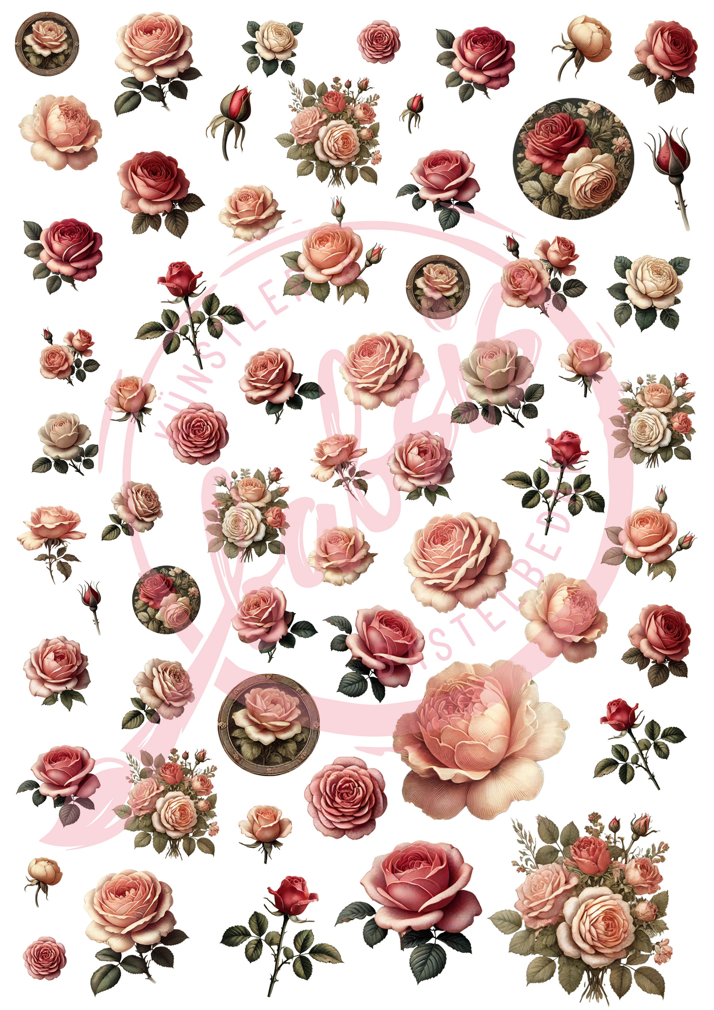 Decoupagepapier Vintage Rosenpracht – Romantische Rosenblüten & Knospen Motiv-Strohseide A4 1 Blatt 25-30g/m2