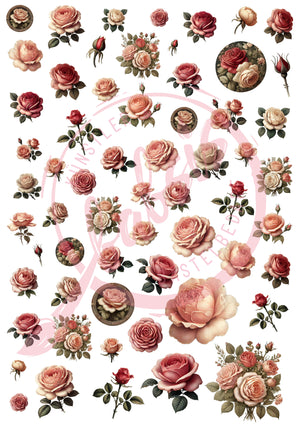 Decoupagepapier Vintage Rosenpracht – Romantische Rosenblüten & Knospen Motiv-Strohseide A4 1 Blatt 25-30g/m2
