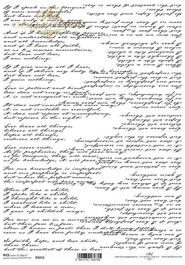 Reispapier für Serviettentechnik und Decoupage Schrift schwarz weiß 210x297mm (A4) 30-35 g/m2