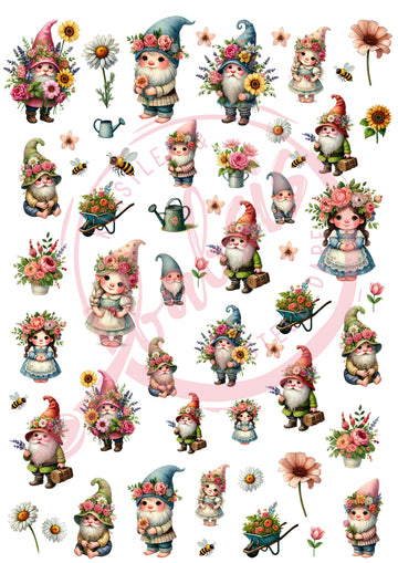 Decoupagepapier Frühlingshafte Garten-Zwerge &amp; Blumen Motiv-Strohseide A4 1 Blatt 25-30g/m2