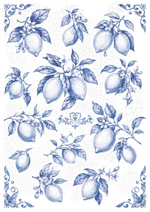 Decoupage Reispapier Delft Porzellan Muster Blau-Weiß mit Zitronenmotiv A4 25-30g/m² 1 Bogen