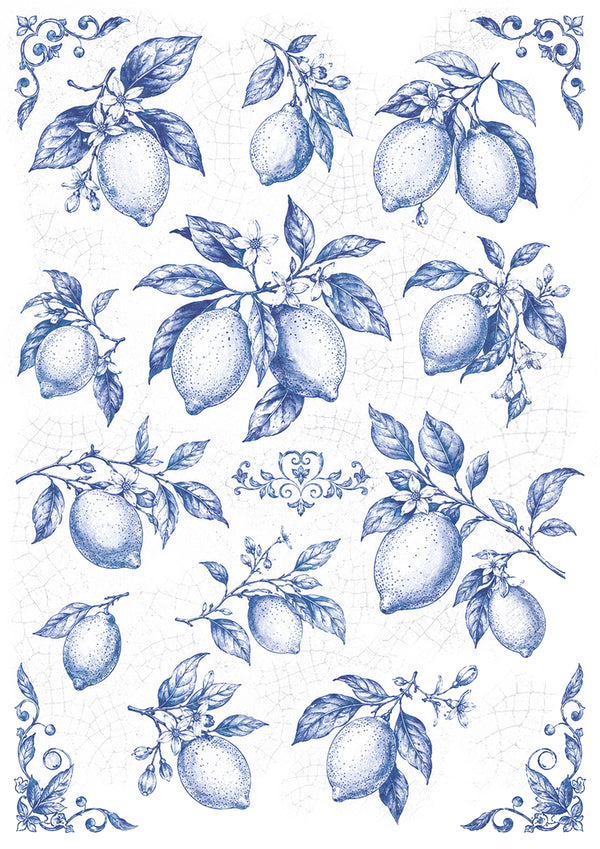 Decoupage Reispapier Delft Porzellan Muster Blau-Weiß mit Zitronenmotiv A4 25-30g/m² 1 Bogen