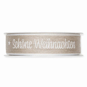 Schmuckband mit Draht natur Schöne Weihnachten, 25mm, 1 Rolle/15m