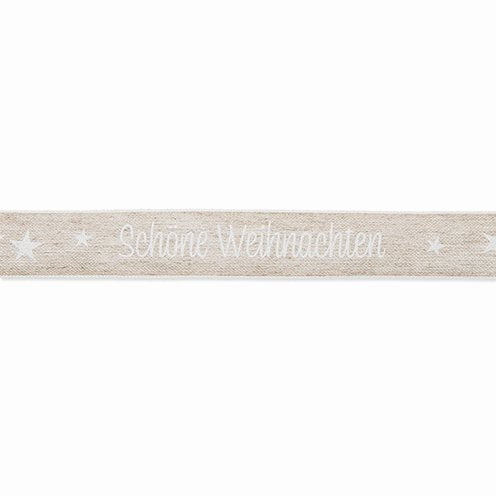 Schmuckband mit Draht natur Schöne Weihnachten, 25mm, 1 Rolle/15m
