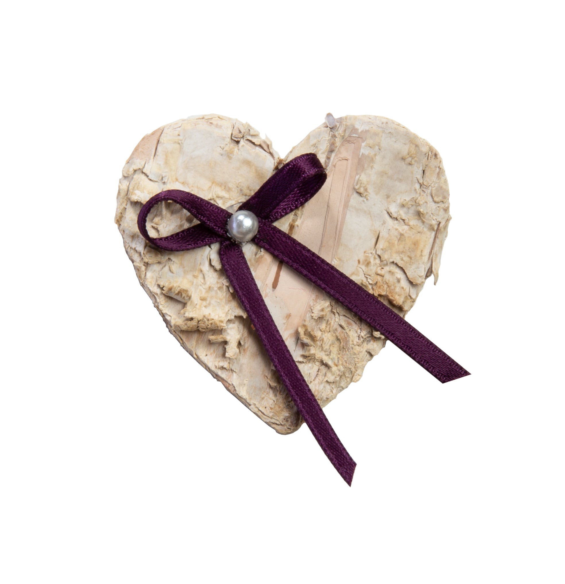 Gästeanstecker Birkenherz mit kleiner Schleife, aubergine, mit Anstecknadel