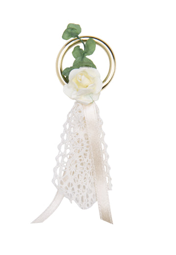 Gästeanstecker für Hochzeiten Goldring mit Eukalyptus und Papierrose 10,5x3,5cm