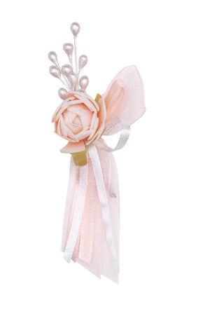 Gästeanstecker für Hochzeiten Rose mit Schleife hellpfirsich 11x5cm