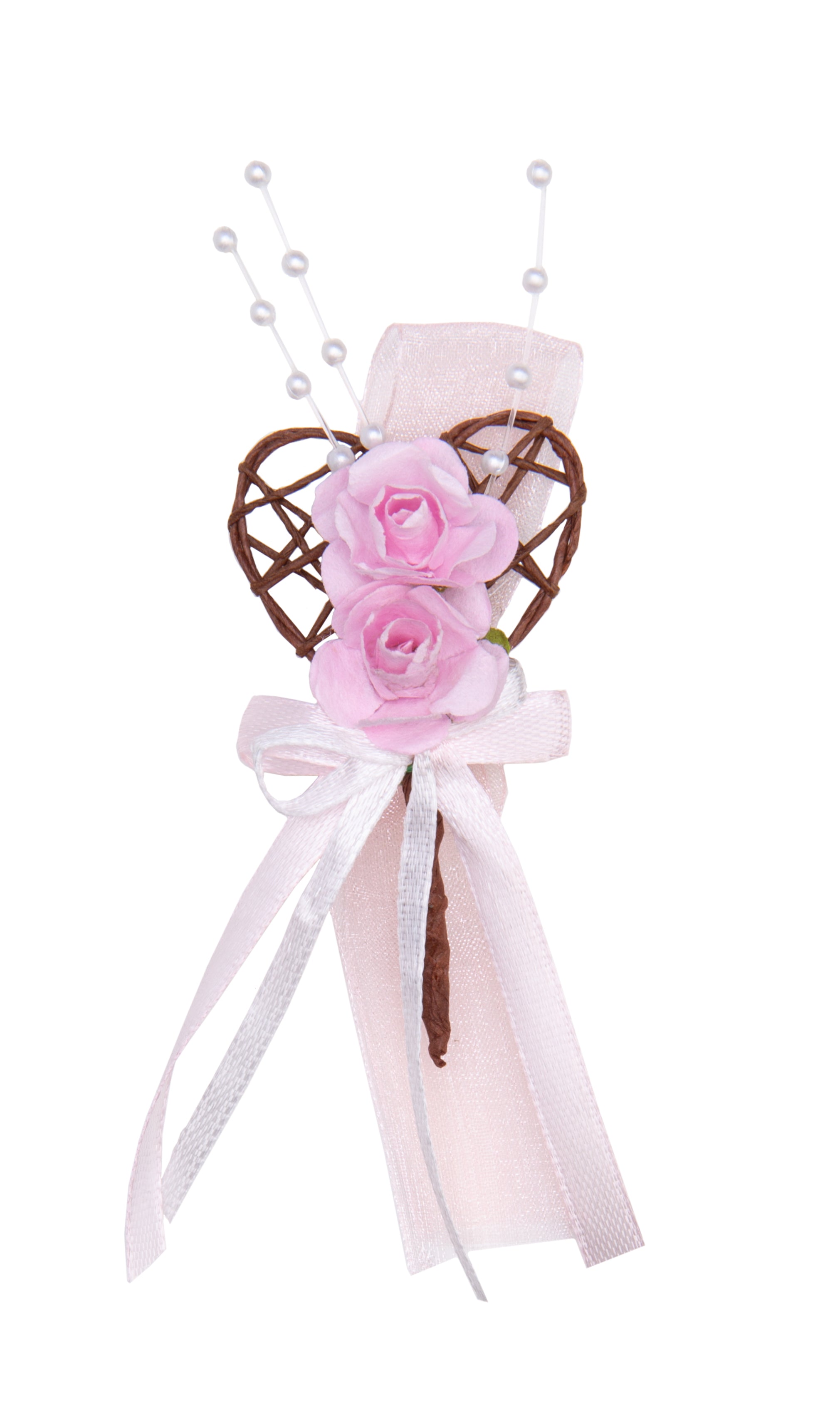 Gästeanstecker für Hochzeiten Rebenherz mit Papierrosen Organzaschleife und Satinschleife 12x4,5cm