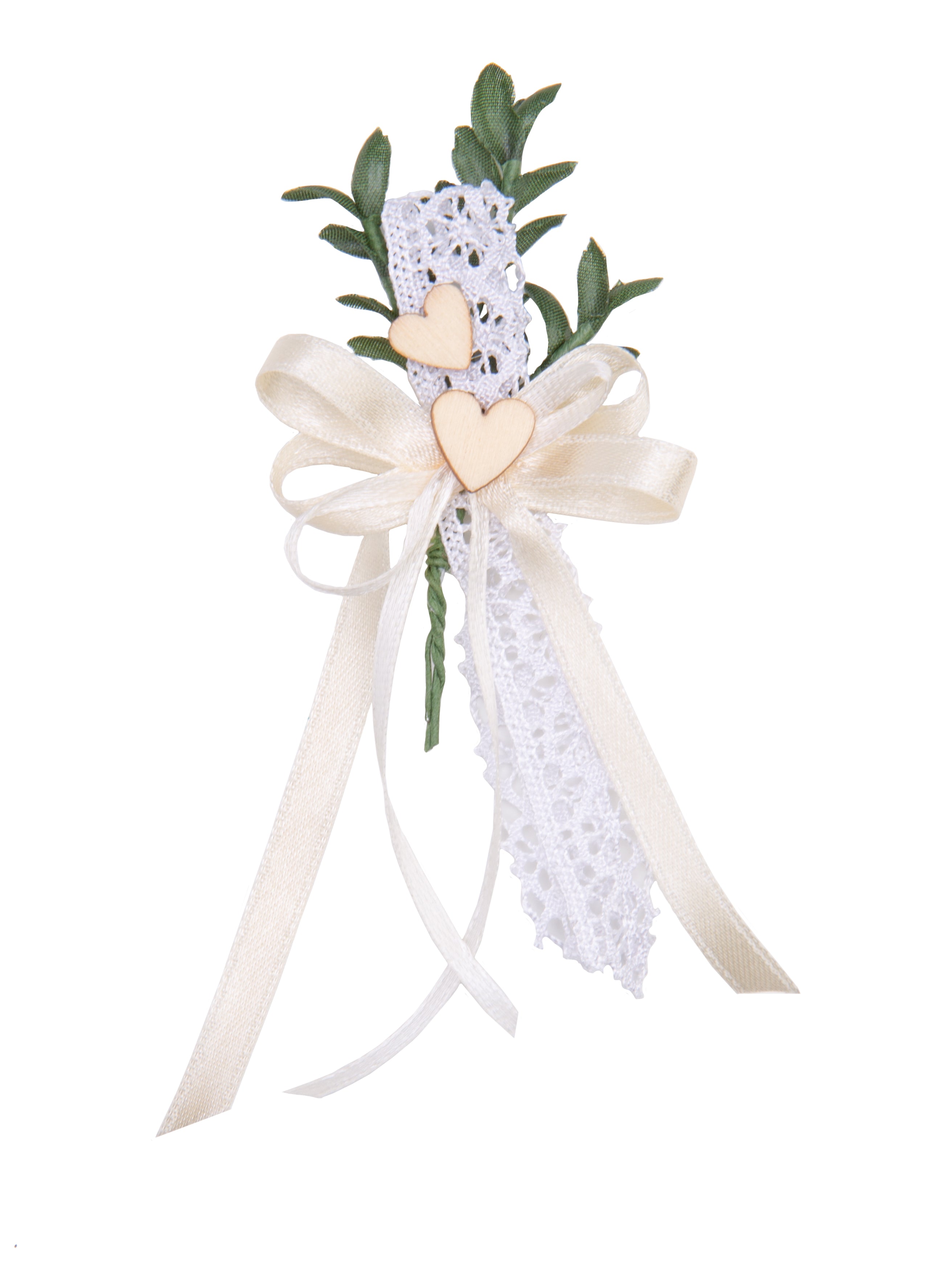 Gästeanstecker für Hochzeiten Myrtenzweig mit Spitze Schleife und Holzherzen 10x5,5cm