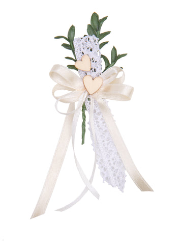 Gästeanstecker für Hochzeiten Myrtenzweig mit Spitze Schleife und Holzherzen 10x5,5cm
