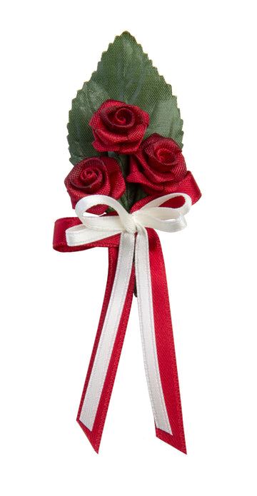 Gästeanstecker Blatt grün 3 Rosen weinrot - creme Masche inkl. Nadel