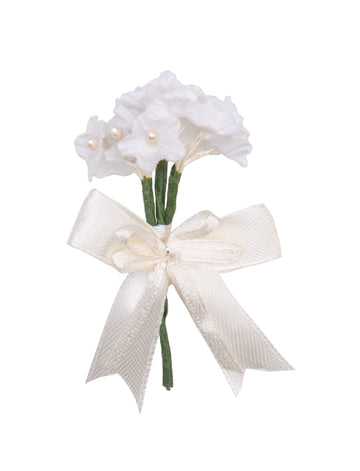 Gästeanstecker für Hochzeiten Blütenbund mit Masche weiß/ Elfenbein 7,5x5cm