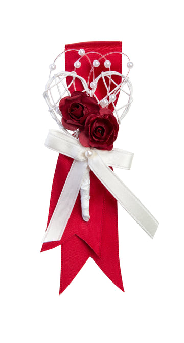 Gästeanstecker Rebenherz weiß mit roten Rosen, inkl. Anstecknadel