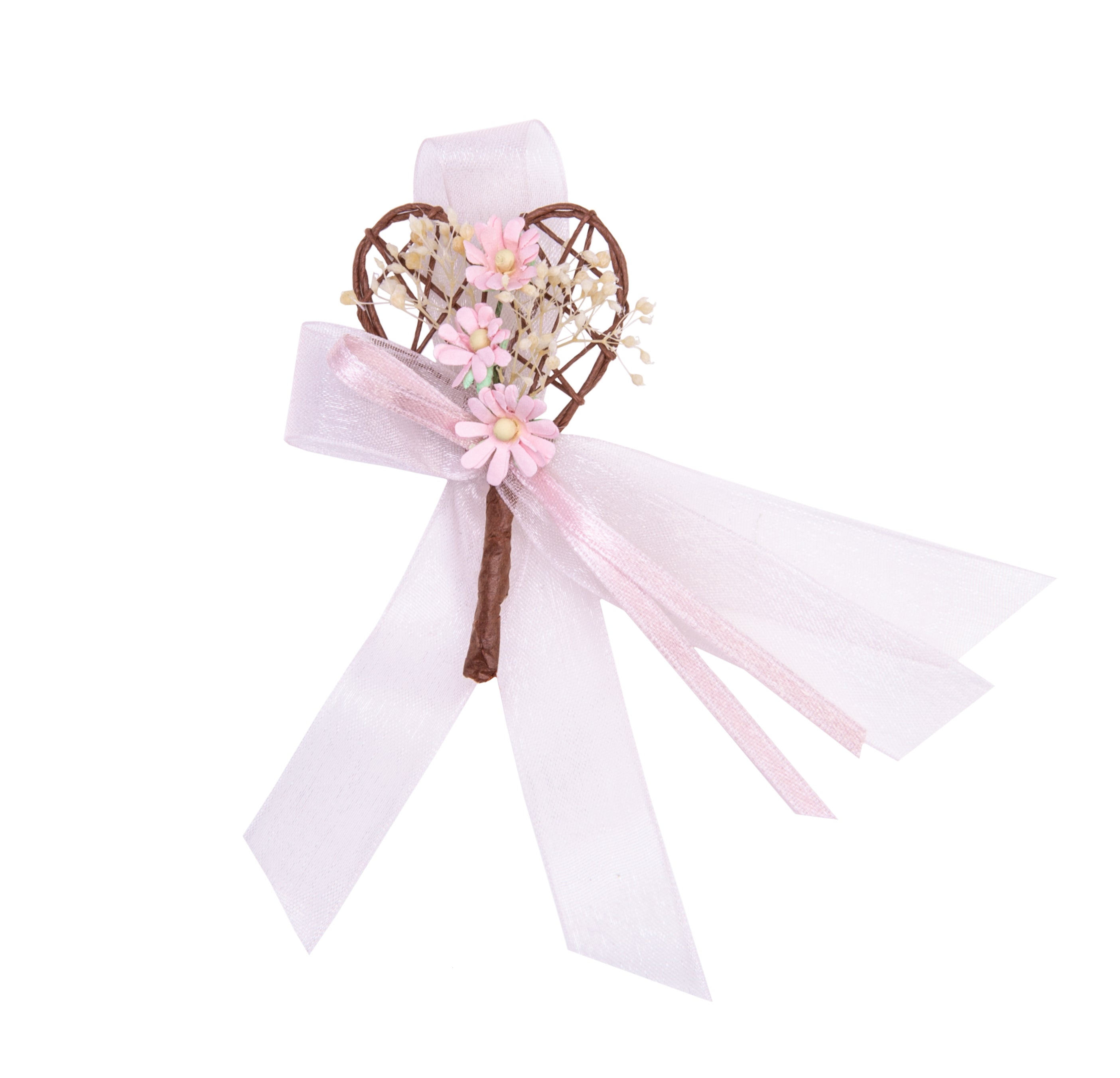 Gästeanstecker für Hochzeit Rebenherz mit rosa Blüten und Schleife 7x5cm 1 Stück