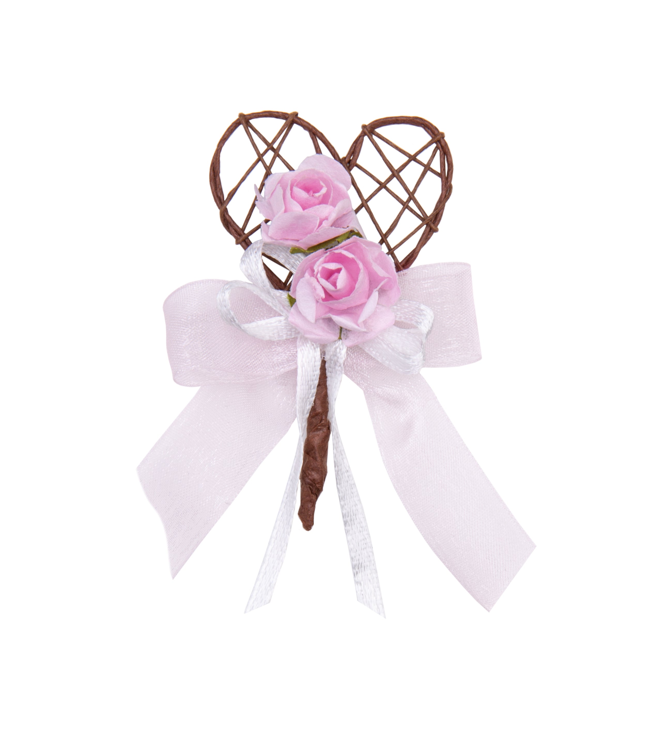 Gästeanstecker für Hochzeiten Rebenherz mit Rosen und Schleife 8x4,5cm
