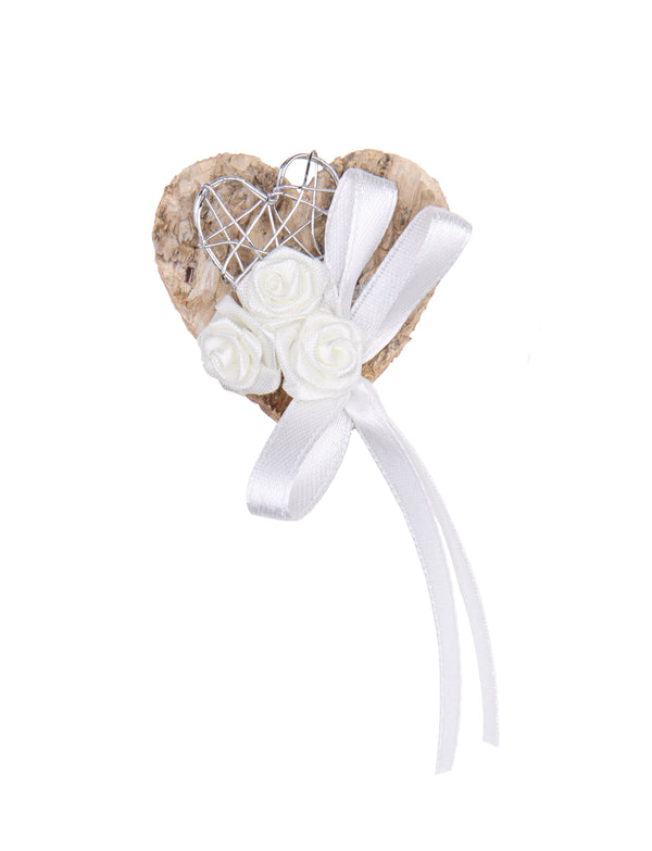Gästeanstecker für Hochzeit Birkenherz mit Drahtherz und Diorröschen elfenbein 5x5cm
