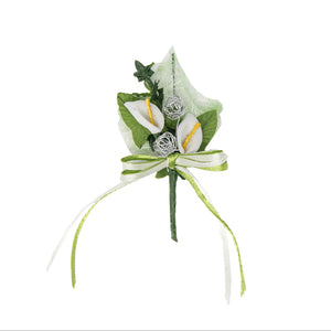 Gästeanstecker Sisalblatt mit 2 Callablüten und Drahtkugeln 9cm