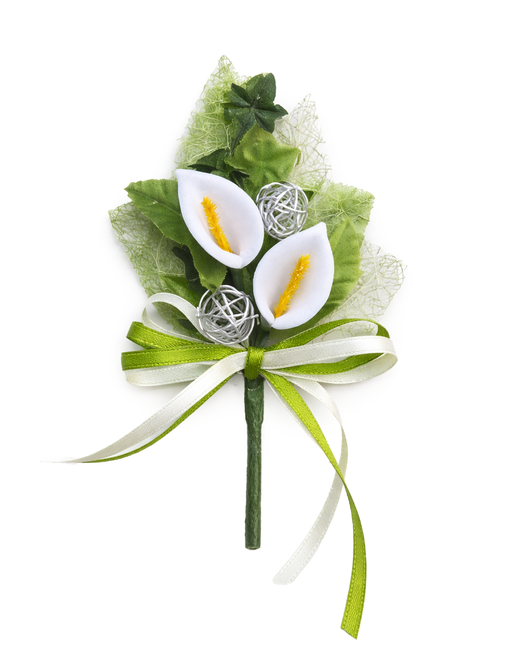 Gästeanstecker Sisalblatt mit 2 Callablüten und Drahtkugeln 9cm