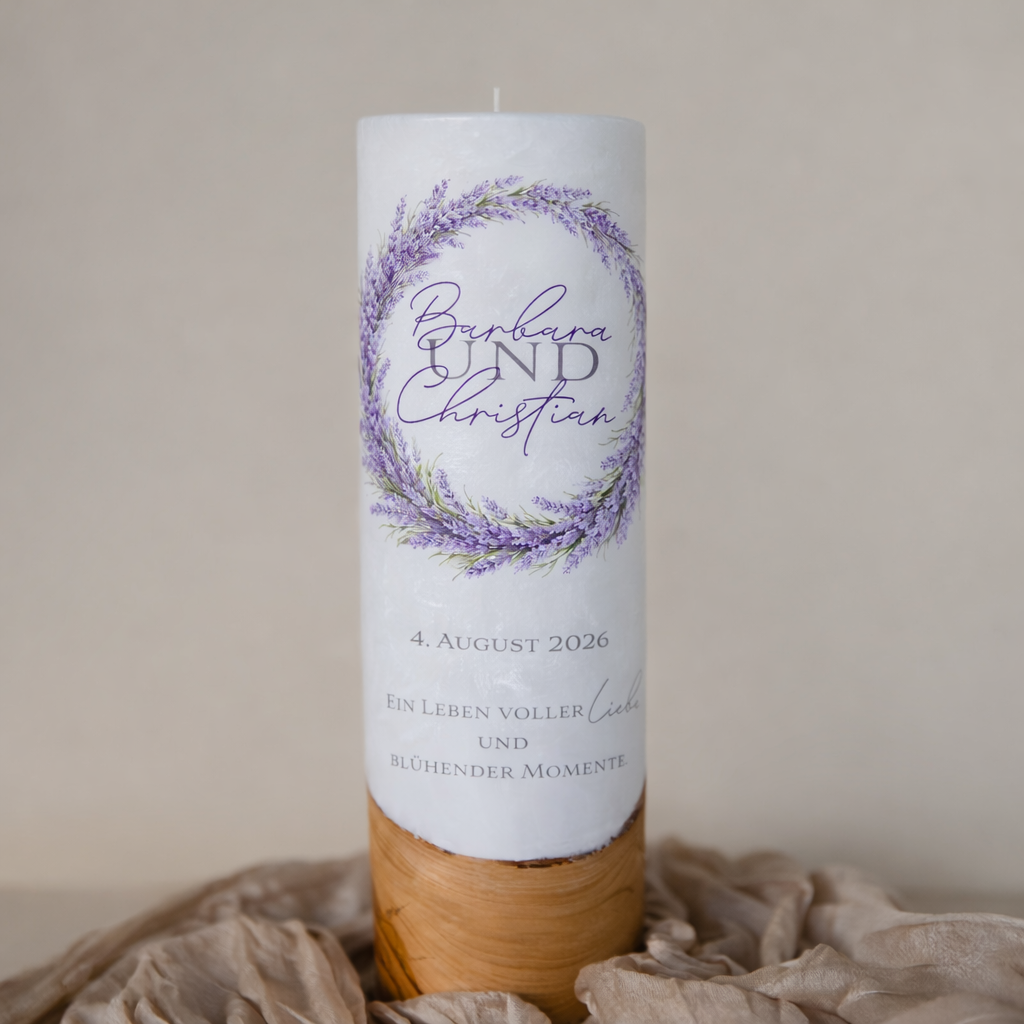 Hochzeitskerze Lavendelkranz mit Olivenholzeinsatz Stearin 30x9cm