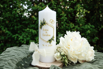 Hochzeitskerze Blätter-Rahmen gold/grün 25/8