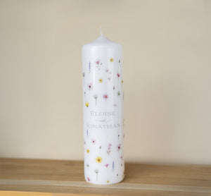 Hochzeitskerze Blumenregen Aquarell liebliche Farben 23x6cm