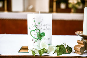 Hochzeitskerze oval Herzen grün gebürsteter Kerzenrohling perlmuttweiß 220x180x43 mm