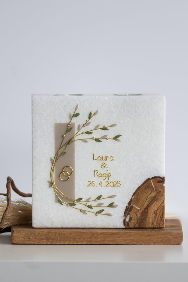 Hochzeitskerze Blätterranke beige grün Stearin im Landhausstil mit Olivenholzeinsatz Teelichteinsatz quadratisch 20x20x7 cm